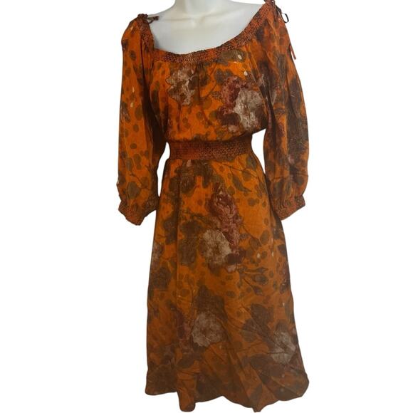 Anthropologie Silk Orange & Brown Silk Midi Dress with Bishop Sleeves,  Size 2 - Picture 1 of 13